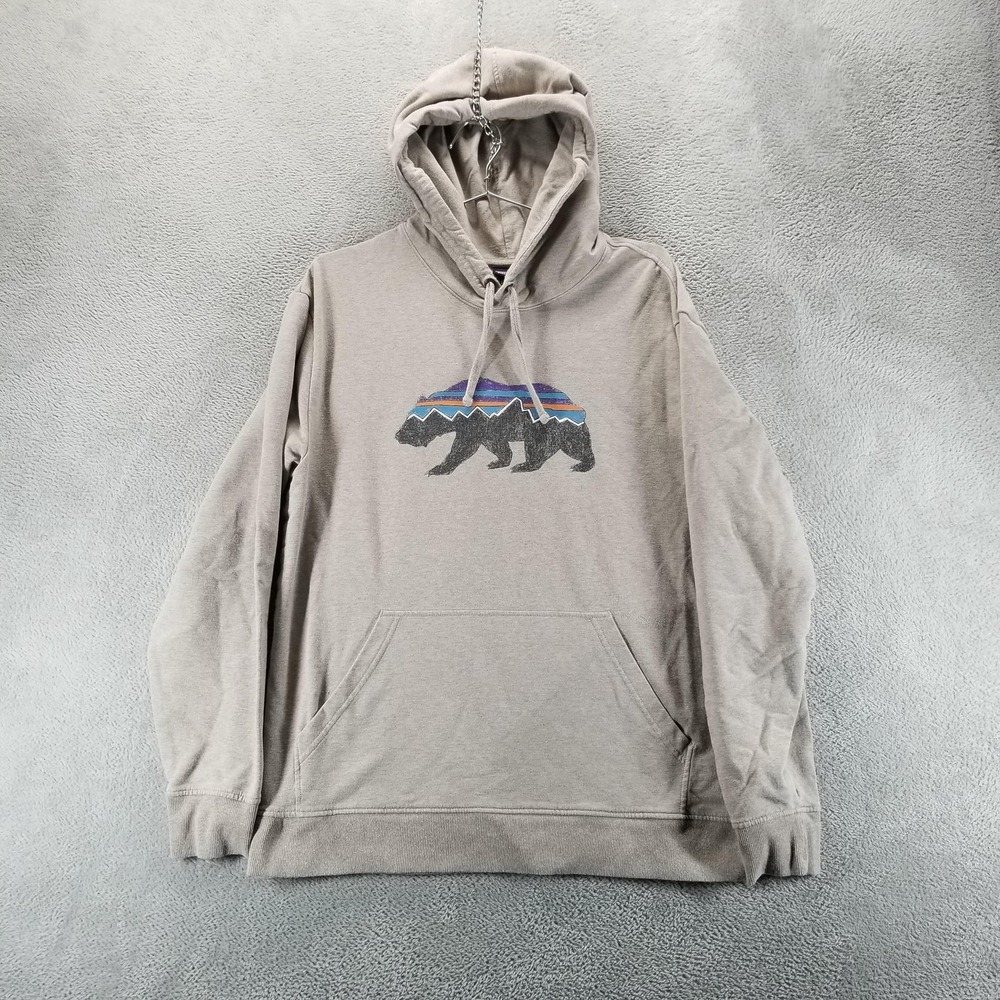 Patagonia Hoodie Mens M Gray Organic Fitz Roy Bear Graphic Fleece Pullover